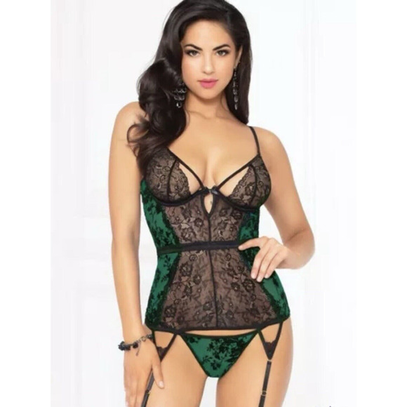 Seven 'Til Midnight Two Piece Flocked Mesh & Lace Bustier & Thong Sexy Set Sz L - Picture 1 of 8